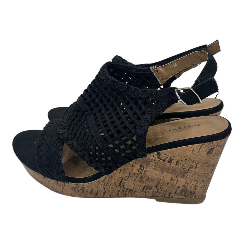 Maurices Harmony Women SZ 11 Black Fabric Strappy Platform Wedge Heels Casual - Picture 4 of 12